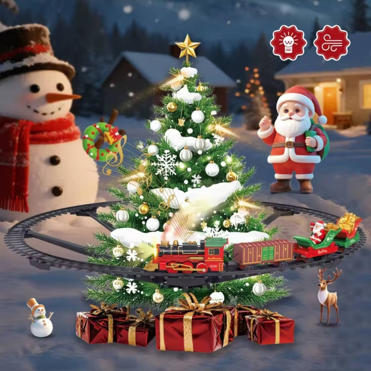 Novogodisnji vozic oko jelke sa zvucnim efektima i parom lokomotive...